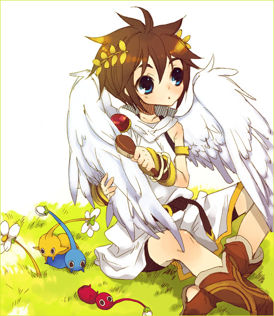 angel_wings, blue_eyes, blush, brown_hair, brush, flower, hair_brush, kid_icarus, male, mitsubachi_koucha, pikmin, pikmin_(creature), pikmin_(lifeform), pit, short_hair, sitting, super_smash_bros., wings