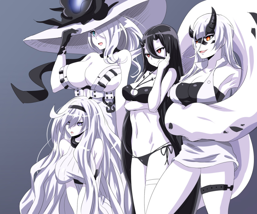 4girls, anchor, aqua_eyes, bare_shoulders, battleship_hime, battleship_summer_hime, bikini, black_bikini