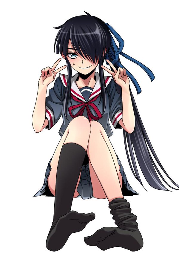 1boy, ass, black_hair, blue_eyes, blush, crossdressinging, double_v, drifters