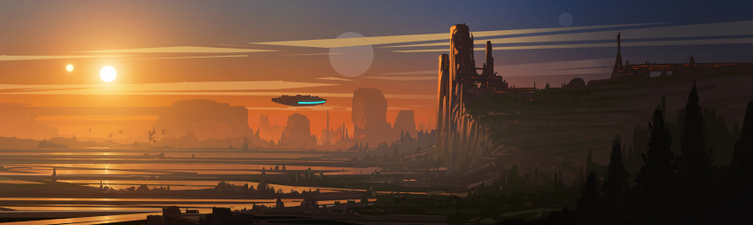 absurdres, city, clouds, dusk, engraved_(pixiv17631374), flying, forest, highres, landscape, millennium_falcon, moon, mountain, nature, scenery, sky, space_craft, star_wars, star_wars:_the_force_awakens, sun, tower, tree