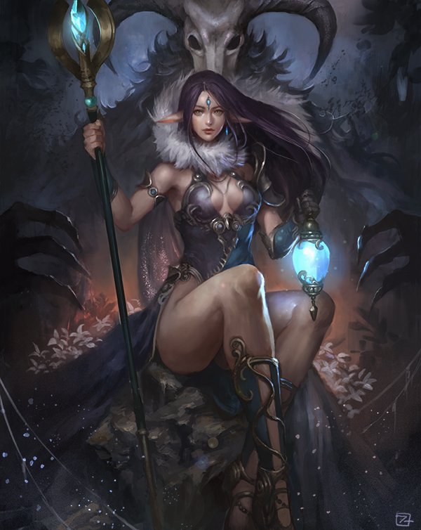 1girl, armband, asymmetrical_clothes, bare_shoulders, earrings, elf, facial_mark, flower