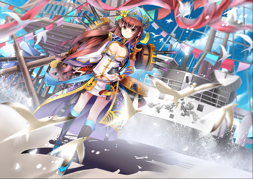 bird, boots, breasts, brown_hair, cleavage, clouds, dragon, flying