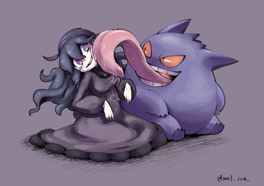 1girl, al_bhed_eyes, dress, gengar, grin, hairband, hex_maniac_(pokemon), licking