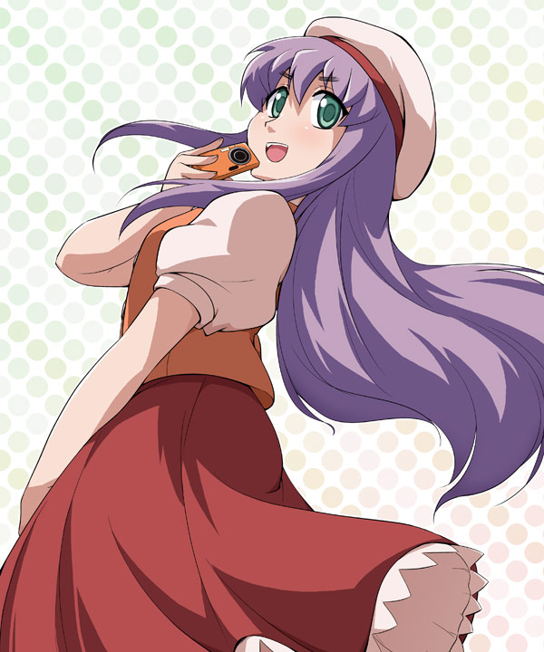 1girl, beret, bioroid_hei, camera, green_eyes, hat, long_hair, mirai_nikki