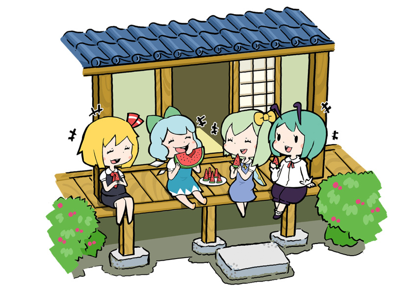 4girls, :d, ^_^, antennae, blonde_hair, blue_hair, blush, blush_stickers