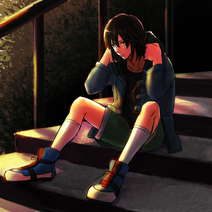 1boy, black_hair, hood, hooded_jacket, jacket, kousaka_ouji, leaf, mirai_nikki