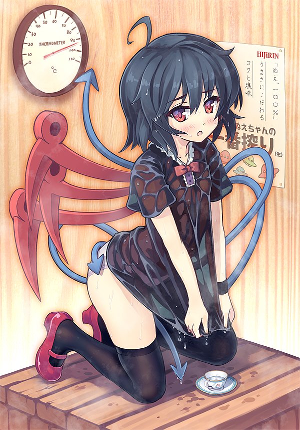 1girl, ahoge, asymmetrical_wings, black_dress, black_hair, black_legwear, blush, commentary_request