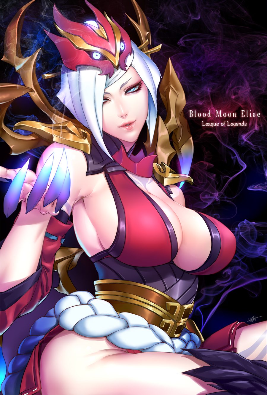 1girl, armor, armpits, bangs, blood_moon_elise, blue_eyes, braid, breasts