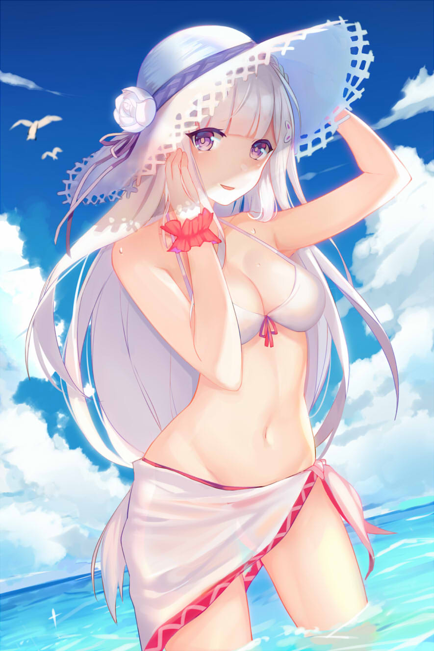 1girl, alternate_costume, bikini, breasts, cleavage, clouds, cloudy_sky, collarbone