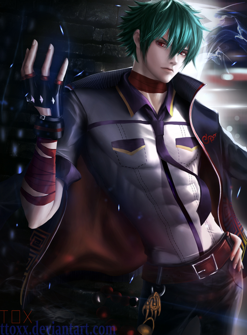 1boy, abs, artist_name, bandage, belt, fingerless_gloves, gloves, green_hair