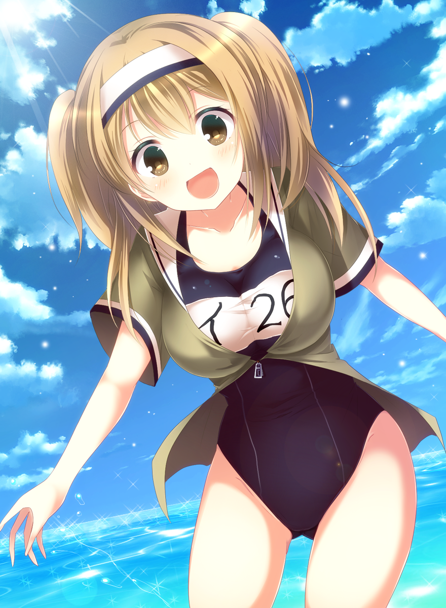 1girl, :d, ari_(ariburo), breasts, clothes_writing, clouds, hairband, highres