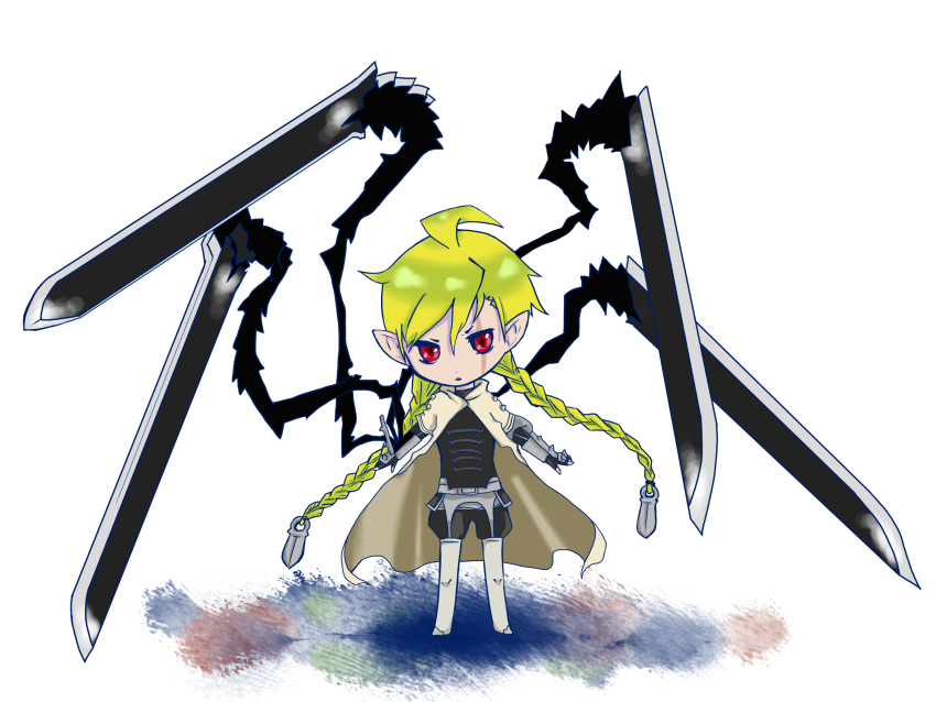1boy, belt, blonde_hair, blush, buckle, chibi, full_body, head_tilt