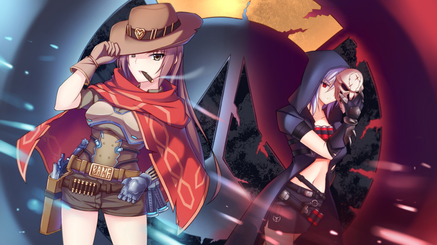 2girls, ammunition, ammunition_belt, arm_strap, armor, bandolier, bangs, belt