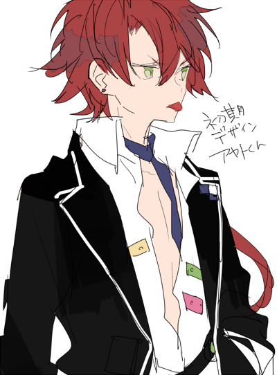 1boy, diabolik_lovers, green_eyes, kiri_(qoo), male_focus, necktie, redhead, sakamaki_ayato, school_uniform, simple_background, solo, tongue, tongue_out, unbuttoned, uniform, upper_body, white_background