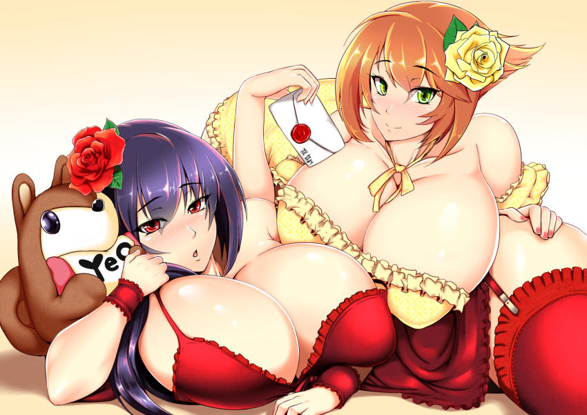 2girls, bare_shoulders, blue_hair, blush, breasts, breasts_outside, green_eyes, huge_breasts