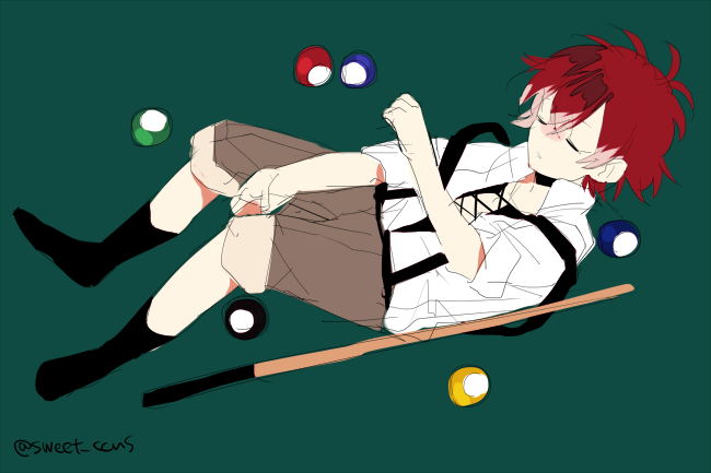 1boy, billiards, black_legwear, child, closed_eyes, diabolik_lovers, full_body, kiri_(qoo)
