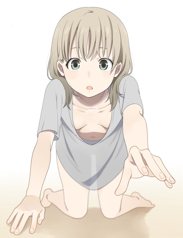 1girl, all_fours, barefoot, blonde_hair, blush, breasts, cleavage, downblouse