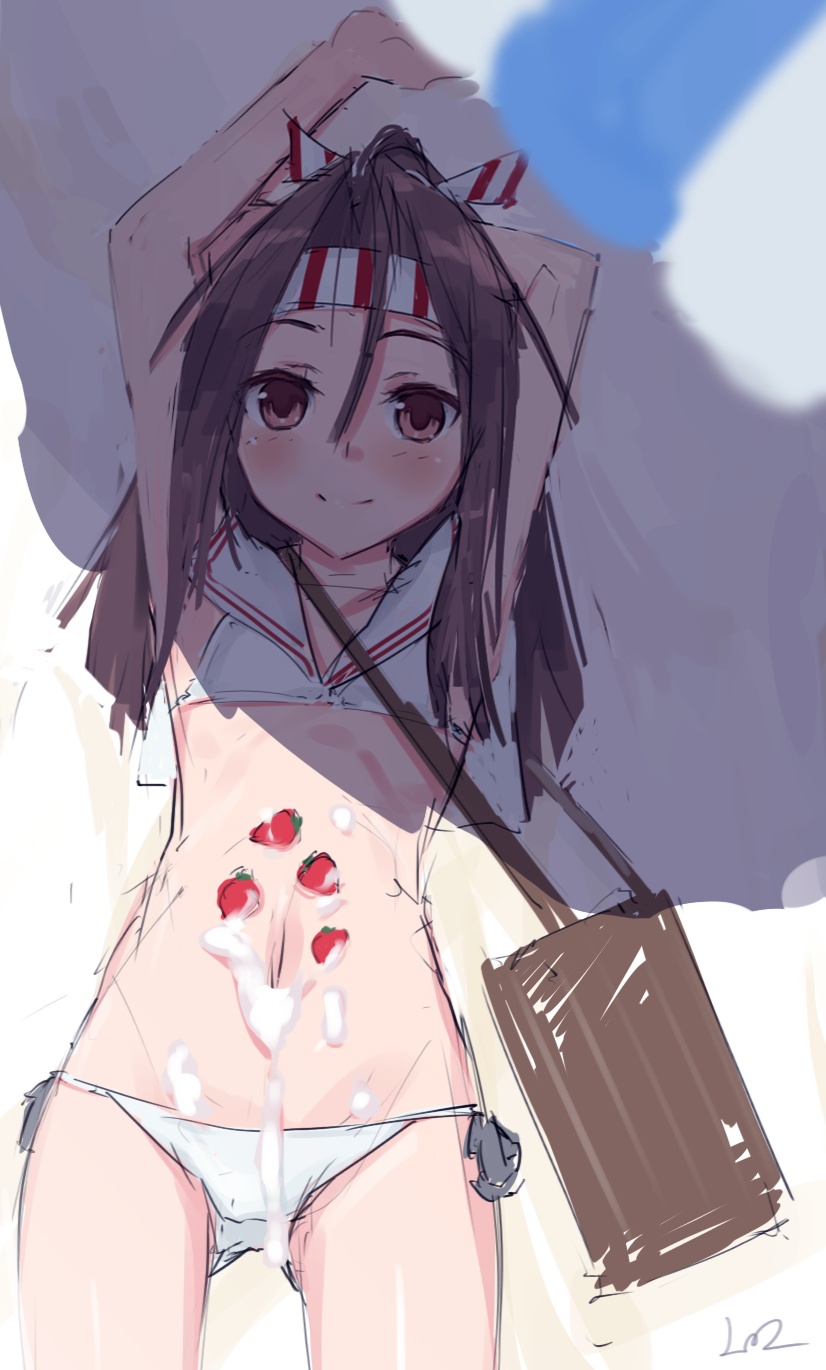 1girl, akai_ronii, arms_up, bag, bikini, blush, brown_eyes, brown_hair