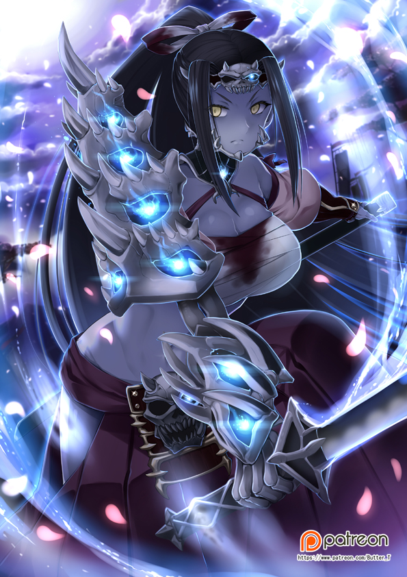 >:(, 1girl, blood, blood_stain, breasts, butter-t, cherry_blossoms, clouds