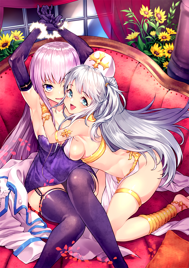 2girls, anklet, aqua_eyes, armpits, arms_up, barefoot, bdsm, blue_eyes