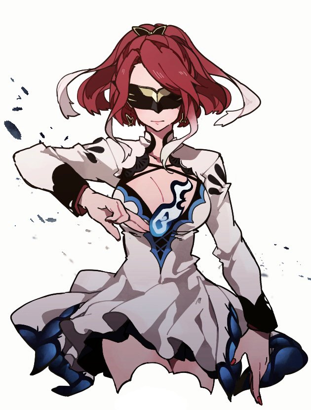 1girl, breasts, cleavage, earrings, fire, hair_ornament, highlights, jewelry, mask, multicolored_hair, ponytail, redhead, seres_(tales), skirt, tales_of_(series), tales_of_berseria, yoshida_(yooosida)