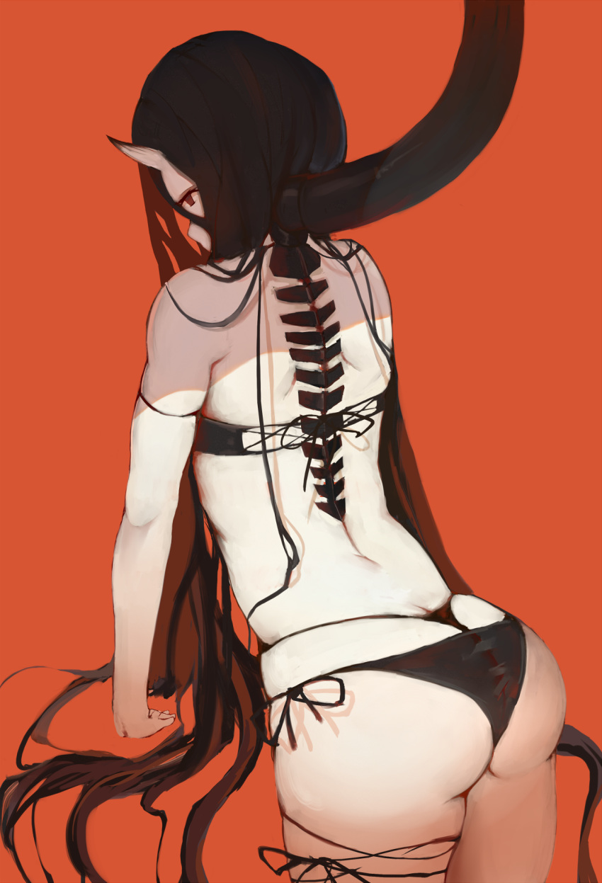 1girl, ass, battleship_hime, battleship_summer_hime, bikini, black_bikini_bottom, black_hair, butt_crack