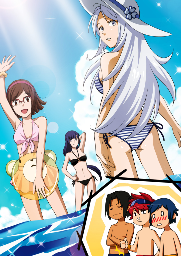 3boys, 3girls, aila_jyrkiainen, bikini, black_hair, blue_eyes, blush, brown_hair