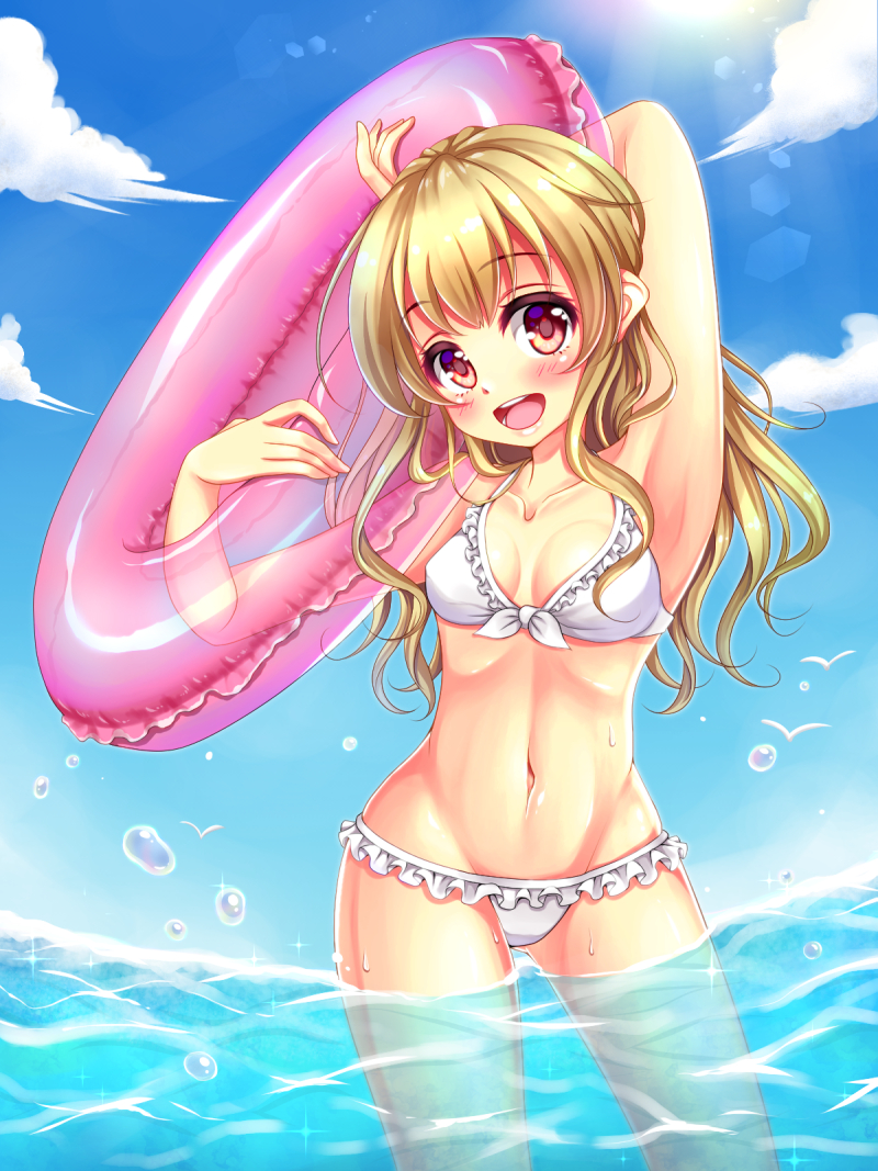 1girl, bikini, blonde_hair, frilled_bikini, frills, front-tie_top, innertube, kojiro_d