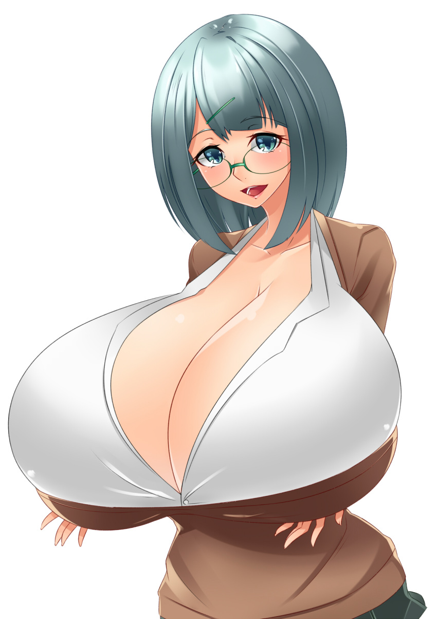 bluespice, breasts, gigantic_breasts, glasses, gray_eyes, grey_hair