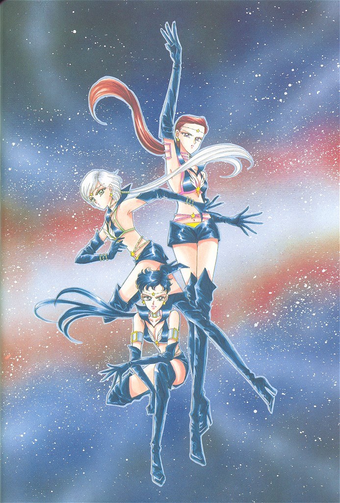 3girls, bishoujo_senshi_sailor_moon, black_hair, brown_hair, long_hair, ponytail, sailor_fuku, sailor_star_fighter