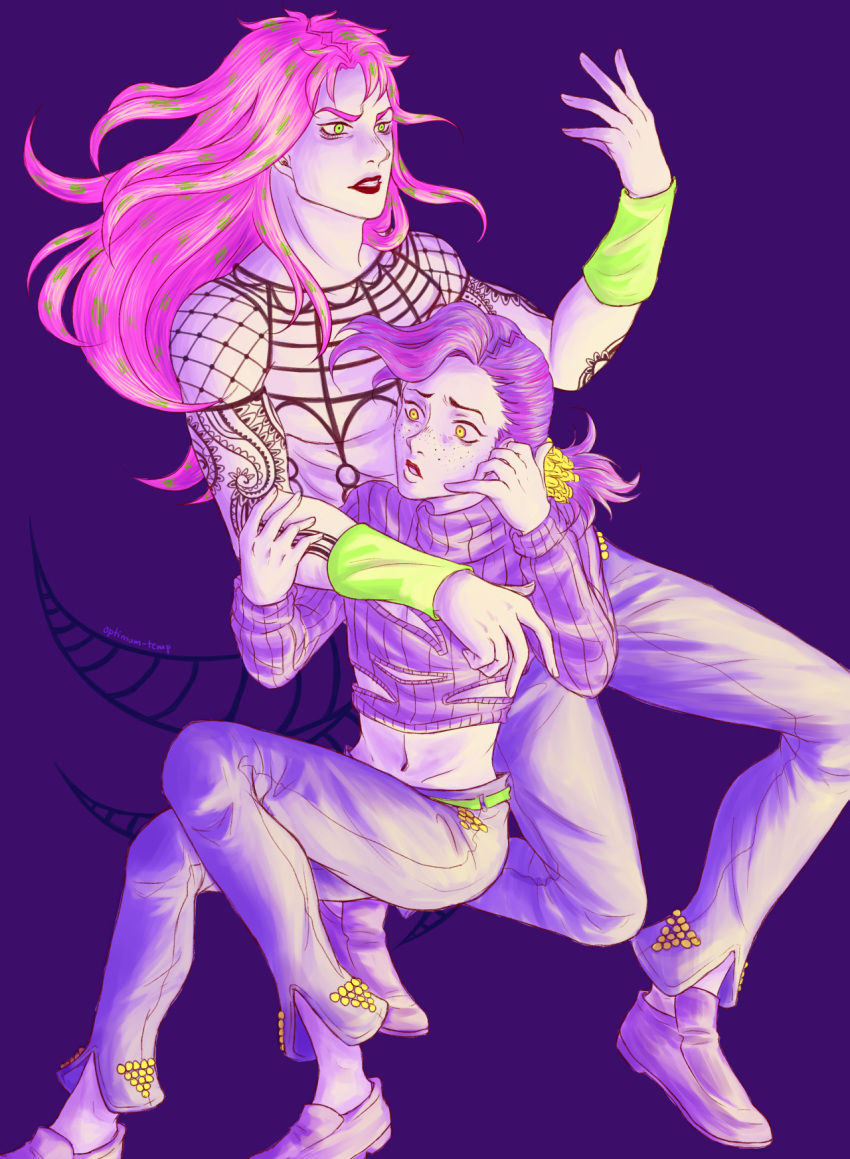 2boys, artist_name, black_lipstick, crop_top, diavolo, freckles, green_eyes, hand_phone