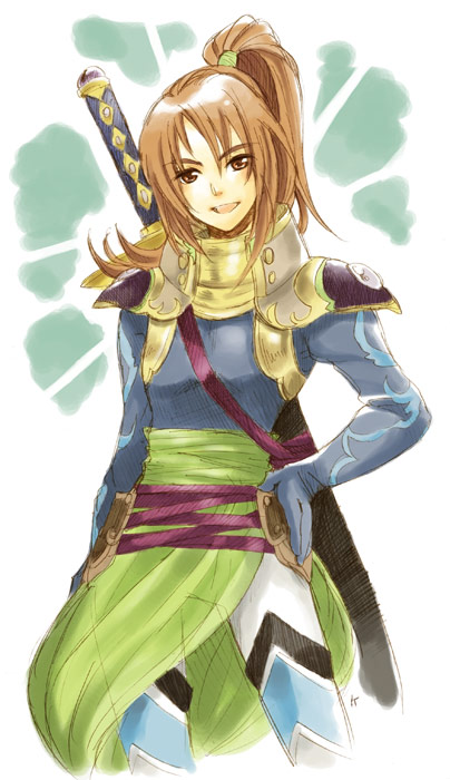 1boy, brown_eyes, brown_hair, gloves, long_hair, ponytail, simple_background, solo