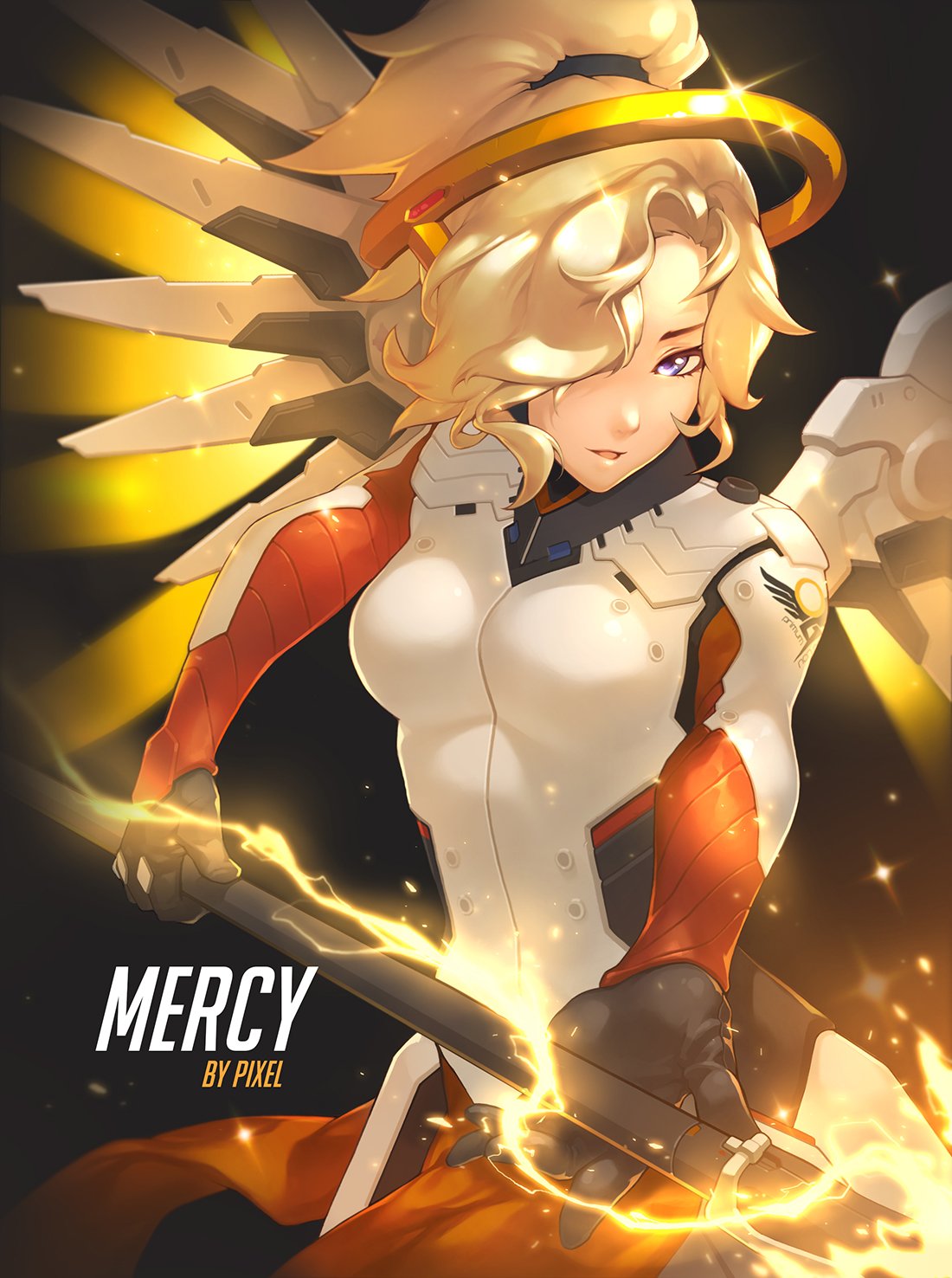 1girl, armor, art_pixel_x, artist_name, bangs, black_gloves, blonde_hair, blue_eyes, bodysuit, breastplate, breasts, character_name, cowboy_shot, eyelashes, faulds, gloves, glowing, glowing_wings, headgear, highres, holding, holding_staff, holding_weapon, jpeg_artifacts, loincloth, long_hair, long_sleeves, looking_at_viewer, mechanical_halo, mechanical_wings, medium_breasts, mercy_(overwatch), overwatch, pantyhose, parted_lips, pelvic_curtain, pixel_(monorainy), ponytail, signature, solo, spread_wings, staff, turtleneck, weapon, wing_print, wings, yellow_wings