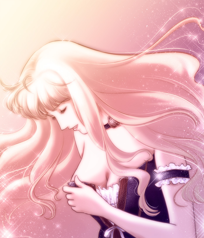 blonde_hair, breast_grab, breasts, choker, cleavage, closed_eyes, long_hair, macross