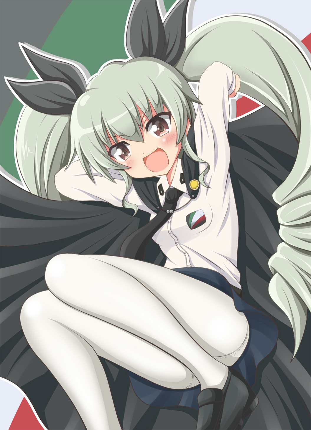 1girl, anchovy, arms_up, black_shoes, black_skirt, blush, brown_eyes, cape