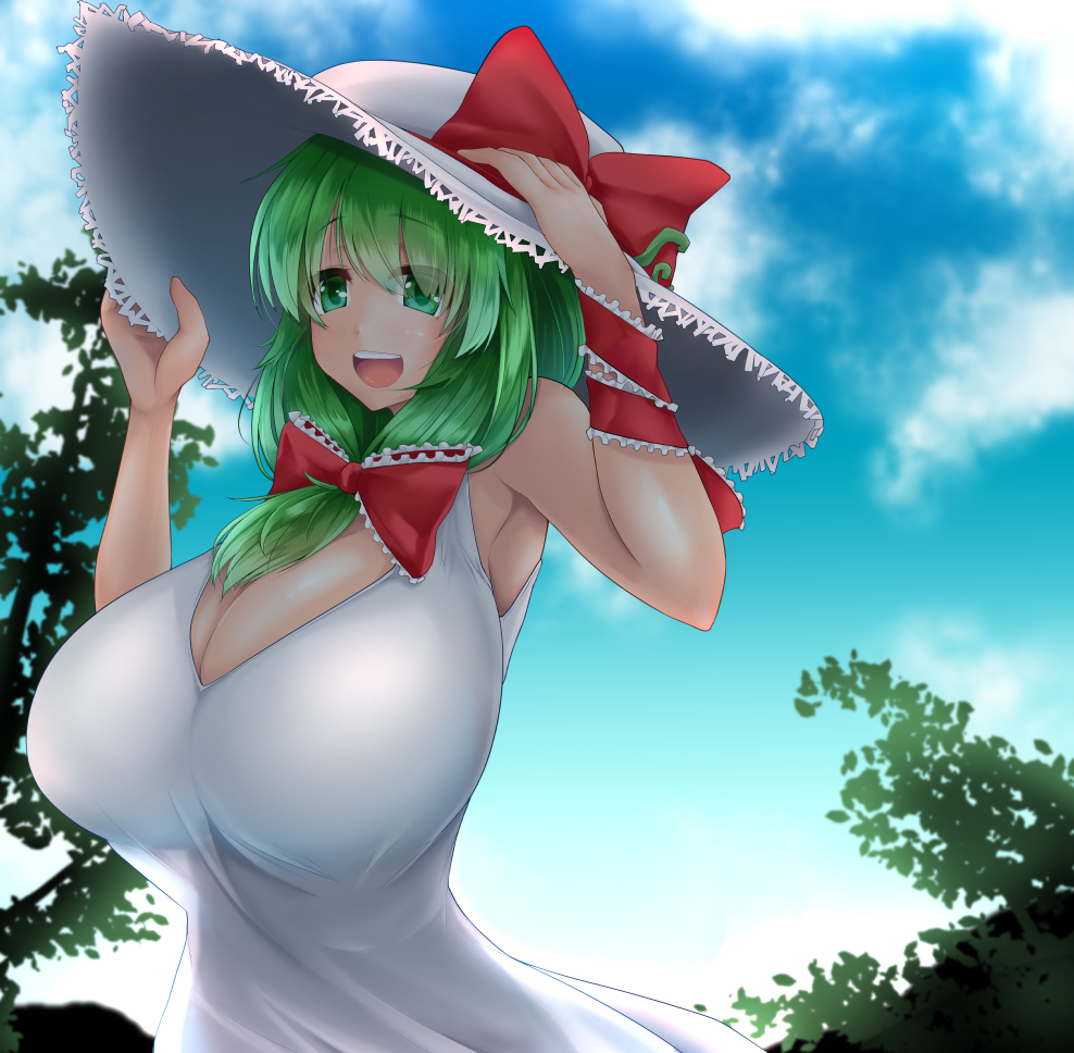 1girl, alternate_costume, armpits, bare_shoulders, blue_sky, bow, breasts, cleavage, dress, frills, green_eyes, green_hair, hair_bow, hat, hat_bow, huge_breasts, hydrant_(kasozama), kagiyama_hina, long_hair, matching_hair/eyes, open_mouth, ribbon, sky, sleeveless, smile, solo, teeth, touhou, white_dress, wrist_ribbon