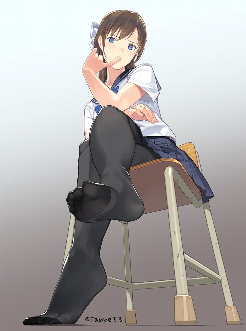 1girl, black_legwear, blue_eyes, brown_hair, feet, finger_to_mouth, frown, legs_crossed