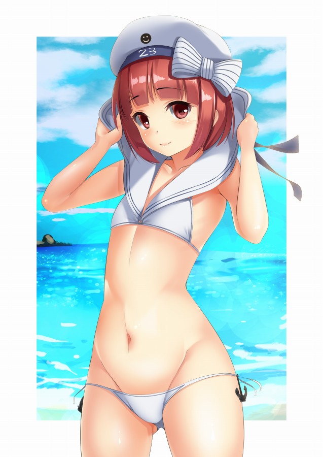 1girl, anchor, auburn_hair, beret, bikini, blue_sky, blush, bow