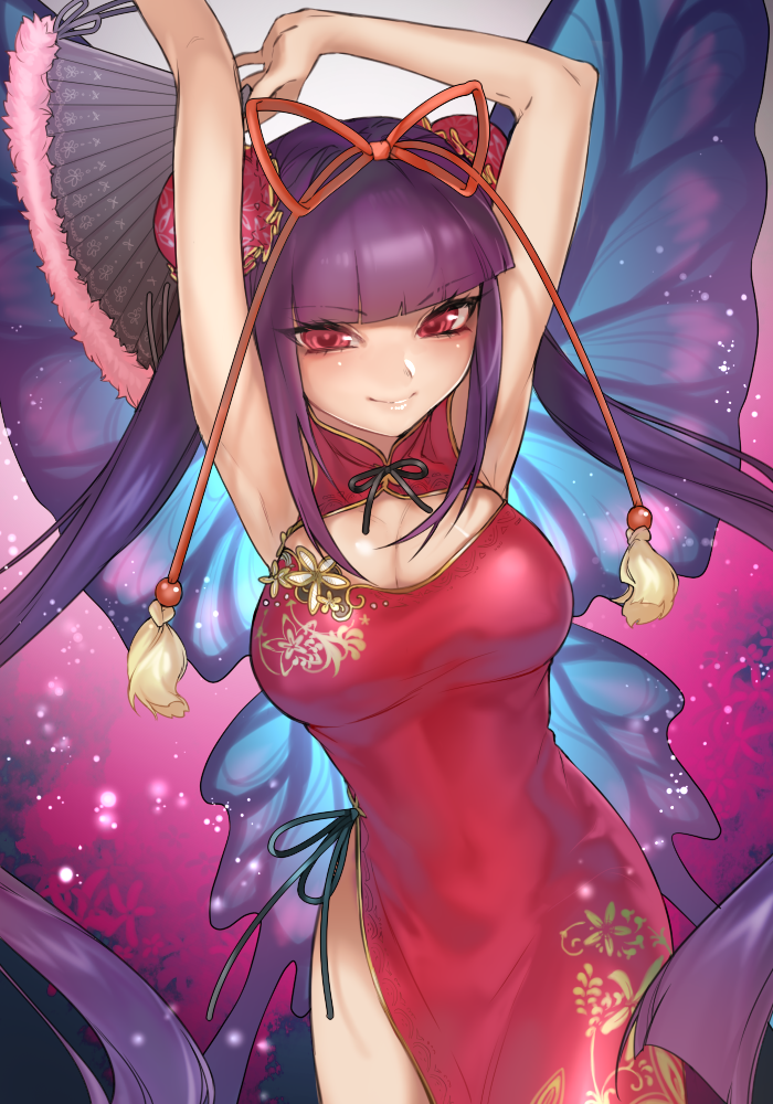 00s, 1girl, arms_up, bangs, blunt_bangs, breasts, butterfly_wings, china_dress