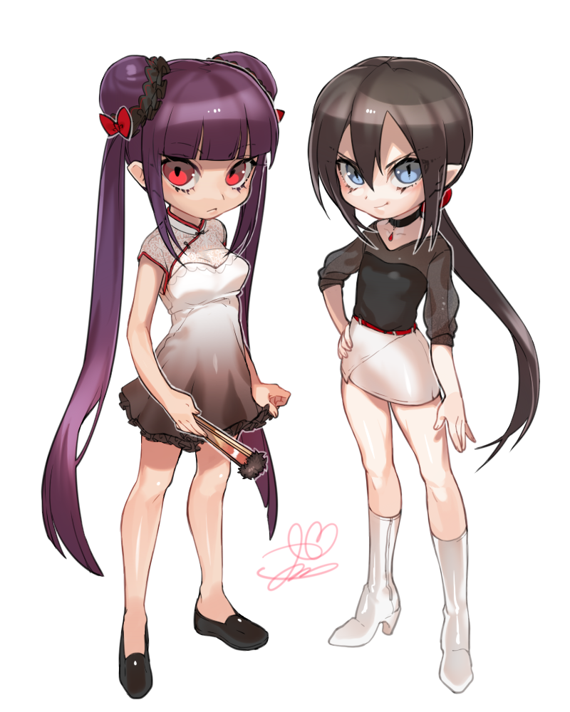 00s, 2girls, androgynous, bare_legs, blue_eyes, boots, brown_hair, chibi