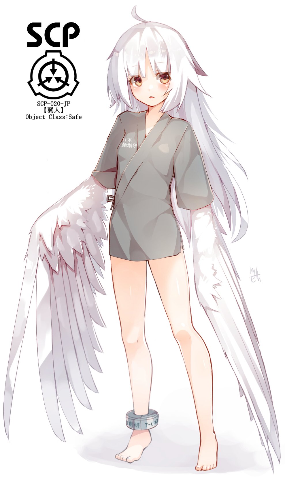 1girl, ahoge, ankle_cuffs, anklet, artist_name, bangs, bare_legs, barefoot