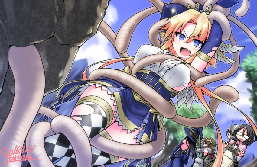 4girls, argyle, argyle_legwear, arms_up, black_hair, blonde_hair, blue_eyes, blush