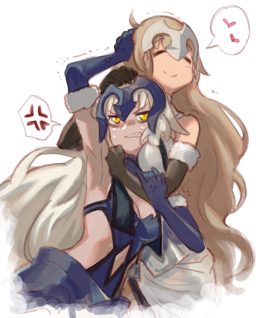 2girls, absurdres, anger_vein, black_dress, blonde_hair, blush, breasts, clenched_teeth