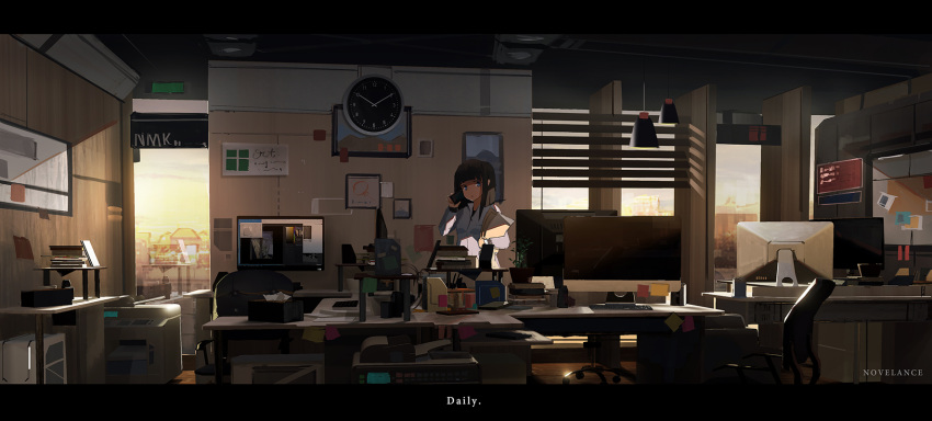 1girl, blue_eyes, brown_hair, cellphone, chair, clock, computer, formal
