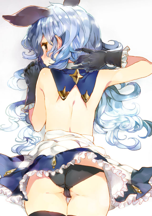1girl, animal_ears, ass, backless_outfit, beltskirt, black_gloves, black_legwear, black_panties