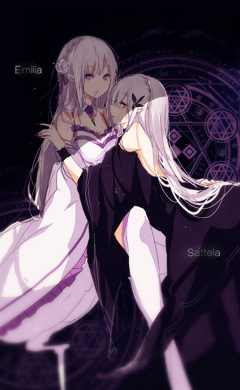2girls, bare_back, bare_shoulders, bent_over, black_clothes, blurry, braid, breasts