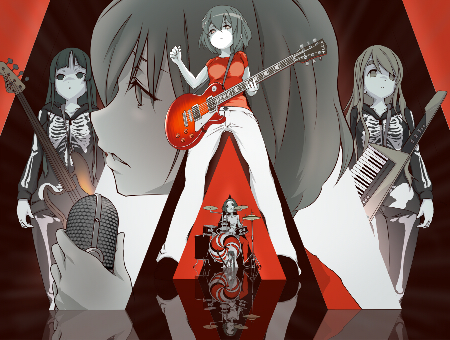 akiyama_mio, bass_guitar, between_breasts, breasts, drum, drum_set, drums, empty_eyes