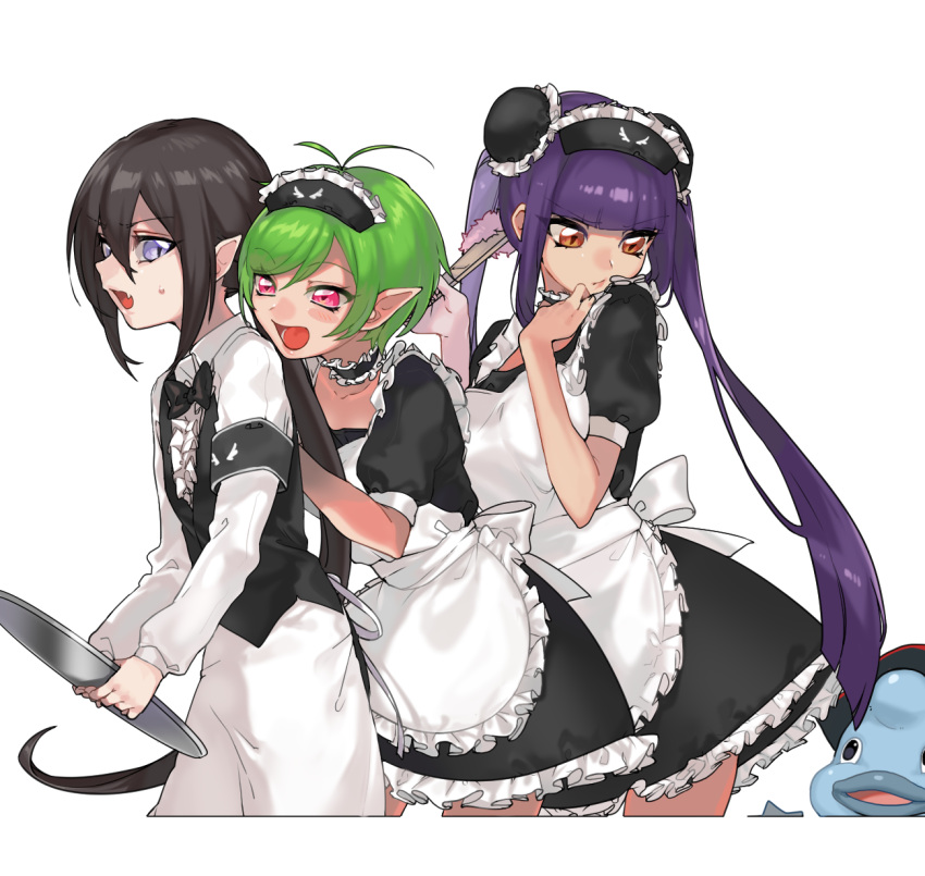 00s, 2girls, ahoge, alala, androgynous, bangs, black_hair, blunt_bangs
