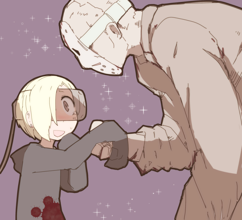1boy, 1girl, bald, blonde_hair, blood, blood_stain, bloody_clothes, commentary, crossover, earrings, friday_the_13th, grey_eyes, hair_over_one_eye, hand_holding, hand_to_own_mouth, height_difference, hockey_mask, holding_hand, hood, hoodie, idolmaster, idolmaster_cinderella_girls, jason_voorhees, jewelry, leaning_forward, long_sleeves, mask, nns_(sobchan), open_mouth, piercing, profile, purple_background, shirasaka_koume, short_hair, simple_background, size_difference, sleeves_past_wrists, smile, sparkle, sweater, tears, vr_visor, x-ray
