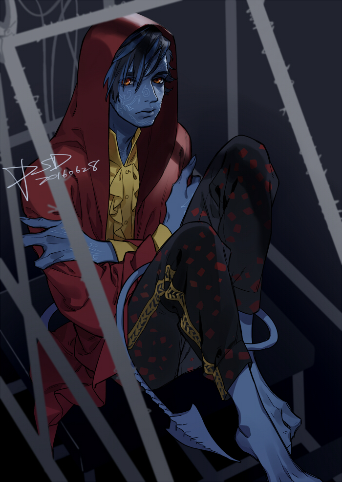 1boy, artist_name, barefoot, black_hair, blue_hair, blue_skin, demon_tail, facial_mark